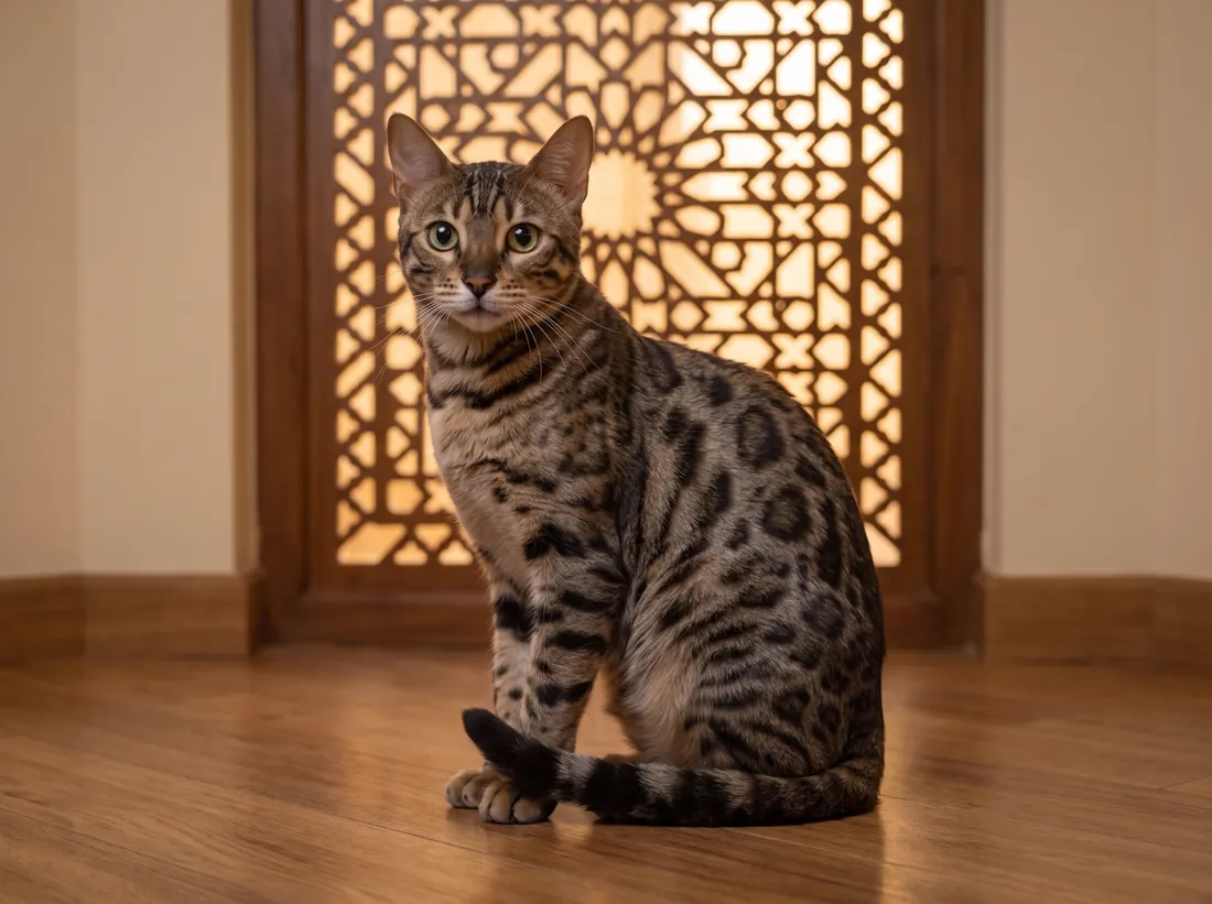 A Bengal cat sitting in front of a carved wooden screen