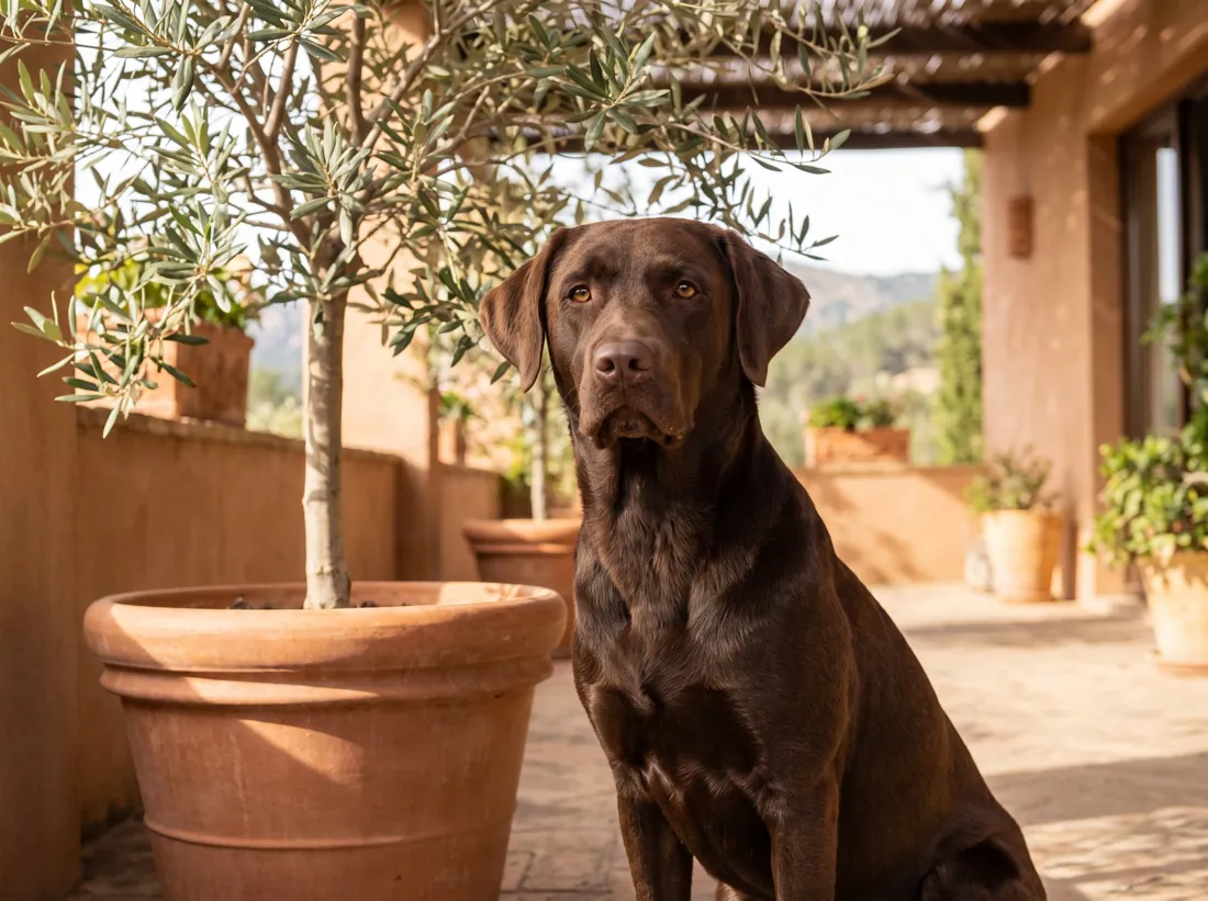 A chocolate Labrador sitting on a sunlit terrace beside an olive tree