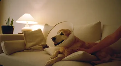 A Golden Retriever in a recovery cone on a sofa