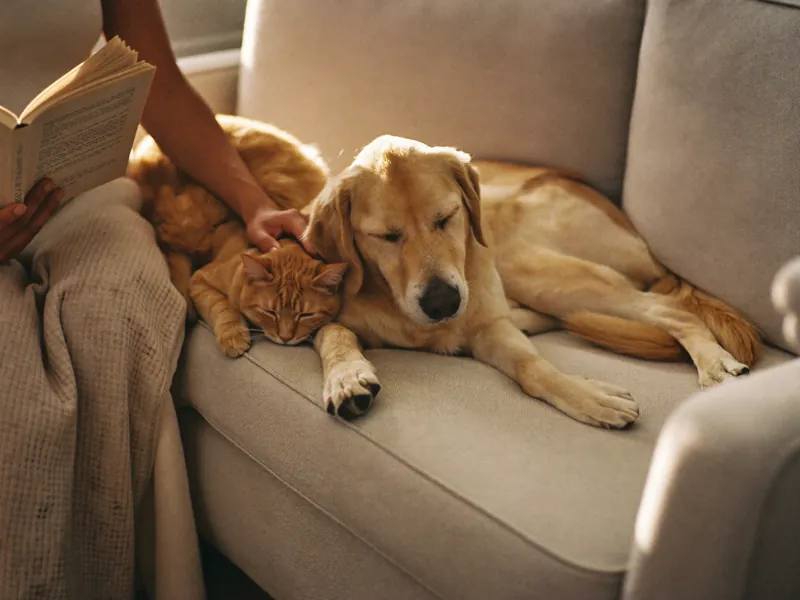 A greyhound and a cat resting together at home