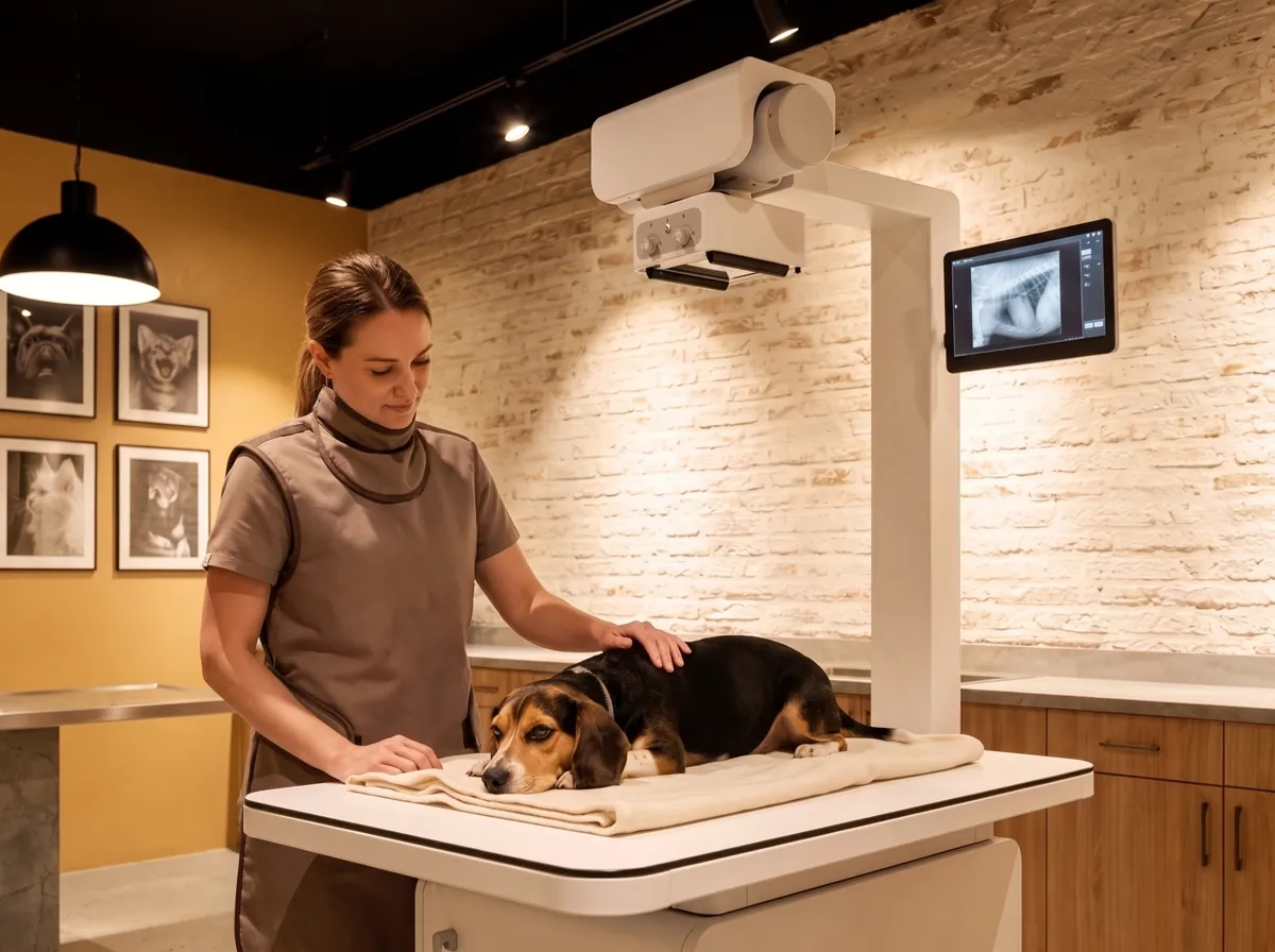 A vet in a lead apron with a Beagle on the X-ray table