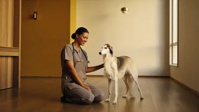A vet kneeling beside a Saluki in a consultation room