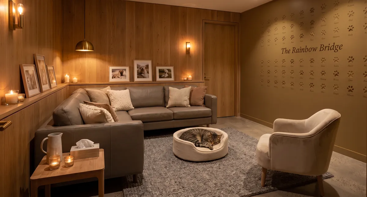 The Farewell Suite, with a cat asleep on a cushion beside the sofa