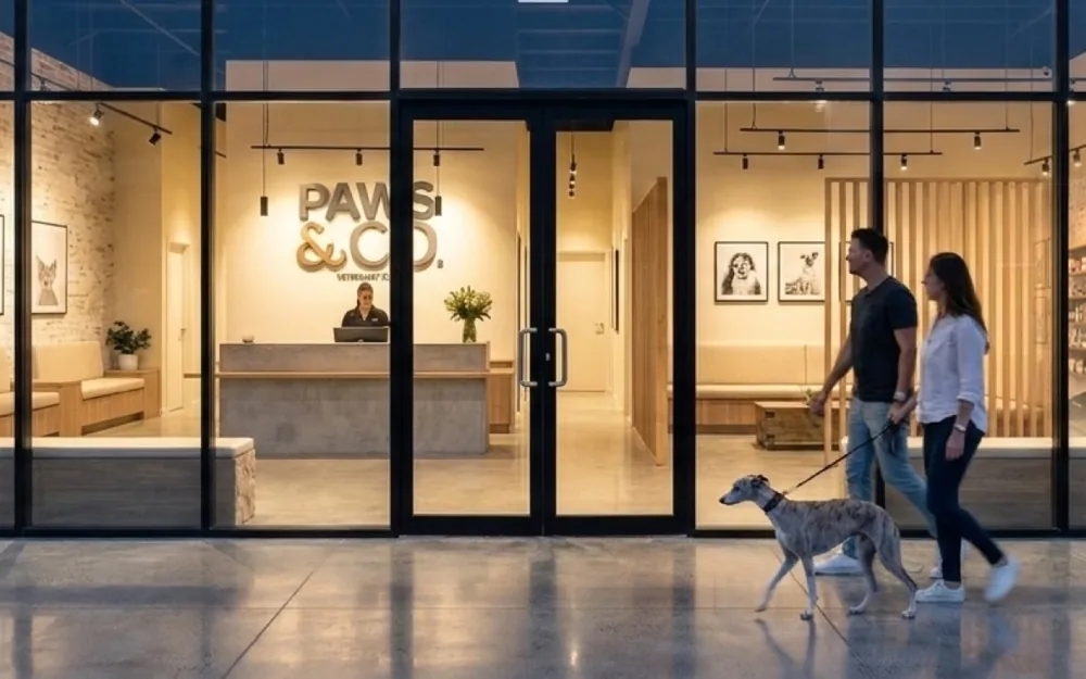 The glass front of the Paws & Co clinic at night, with a couple walking a greyhound past