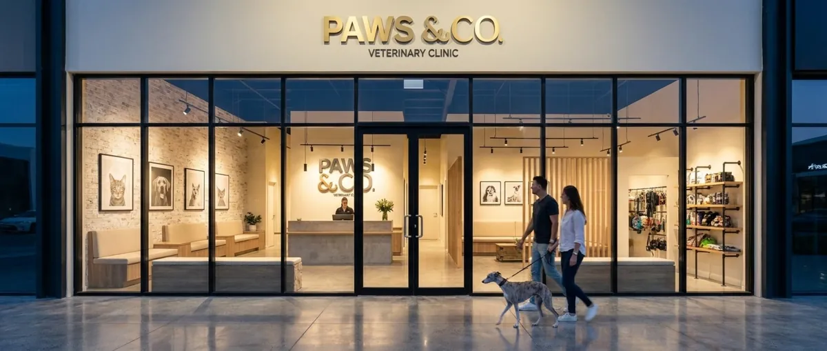 The Paws & Co clinic front at dusk: a full glass storefront under a gold sign, warm light inside