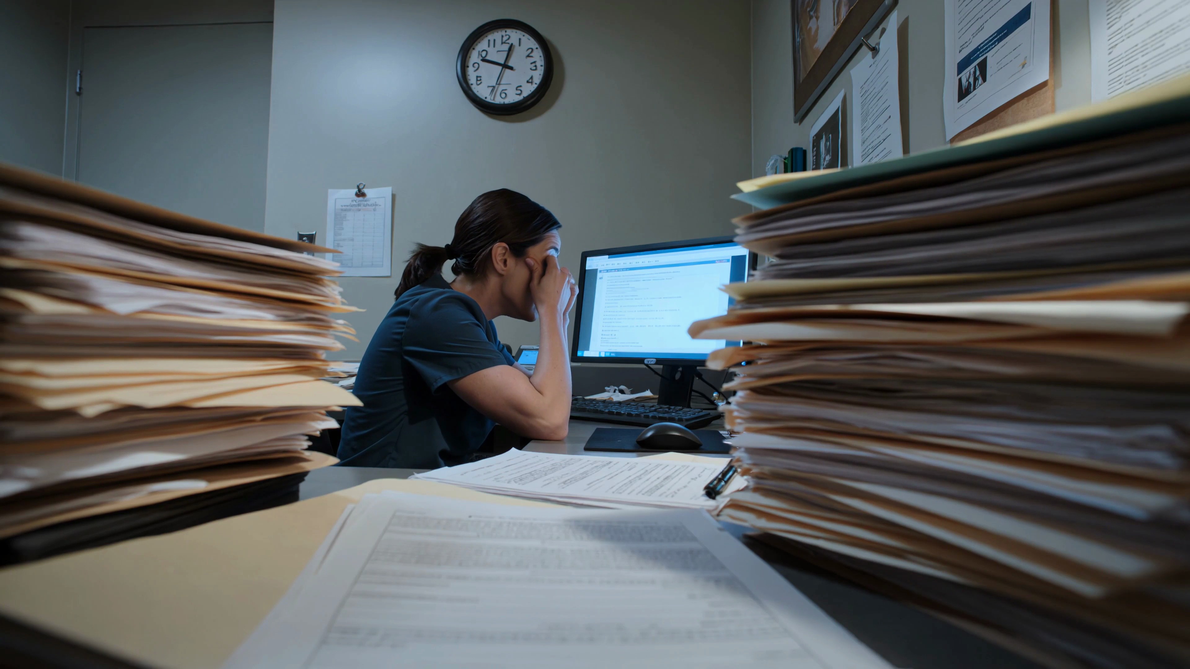 Veterinarian drowning in paperwork behind stacks of files