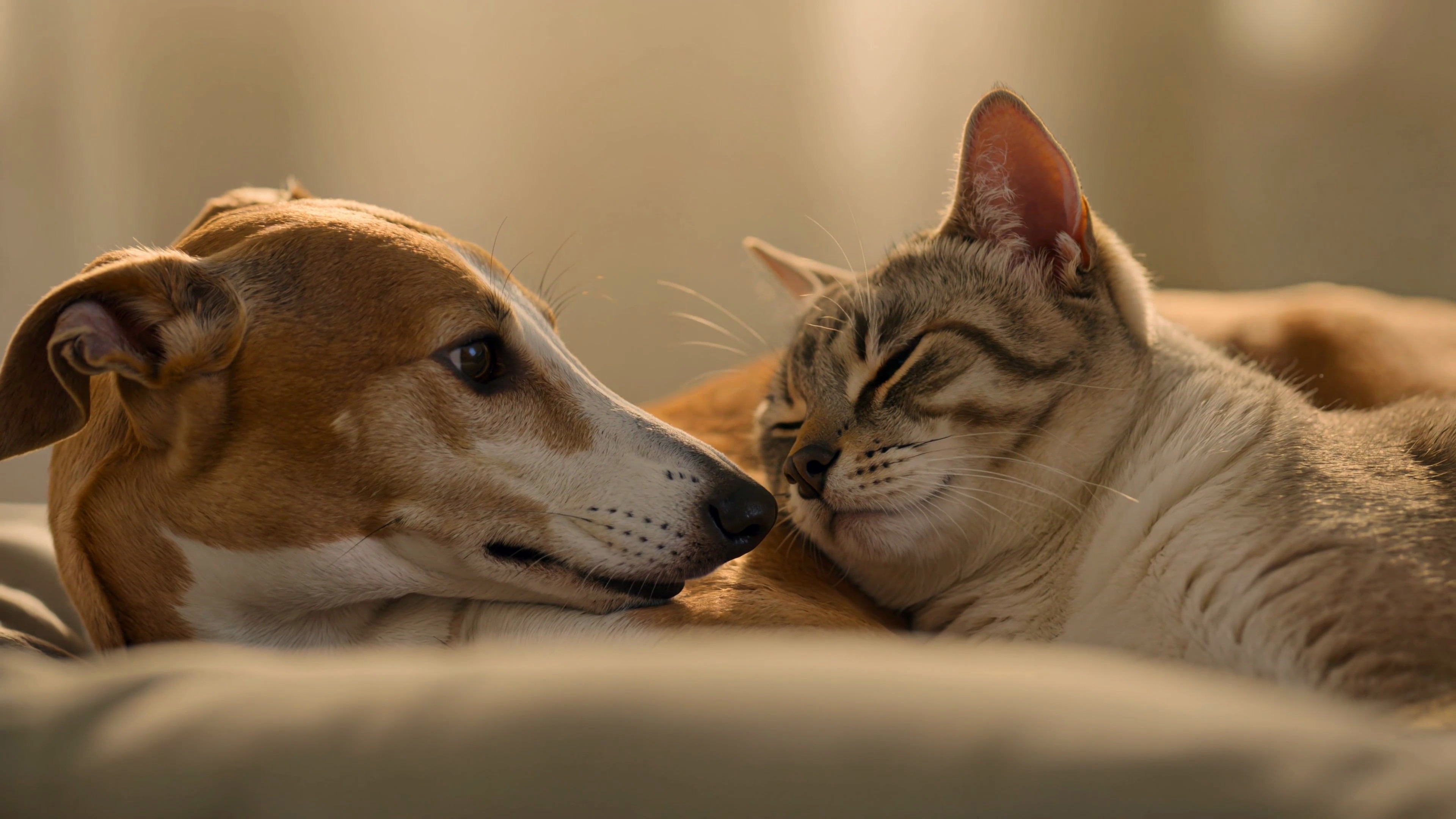 Greyhound and cat resting together