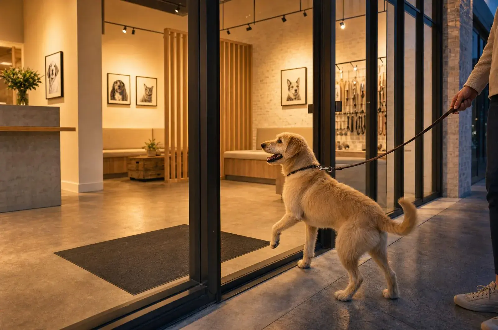 A golden dog on a lead stepping towards the open glass door of a warmly lit clinic