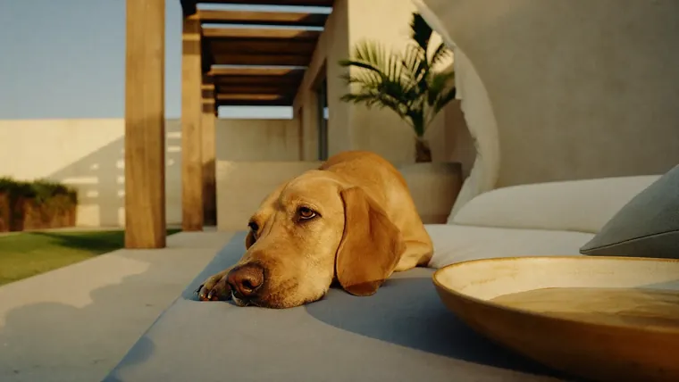 A calm dog resting in cool shade beside fresh water on a Dubai terrace at golden hour