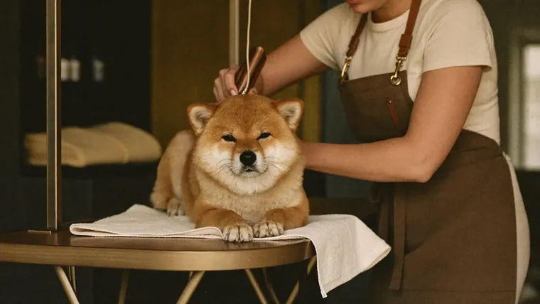 A calm Shiba Inu being gently brushed on a grooming table by a groomer in a warm apron