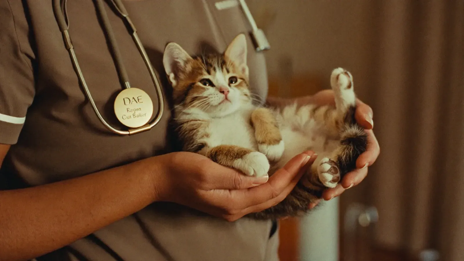 A calm kitten cradled gently in a nurse's hands in a warm clinic
