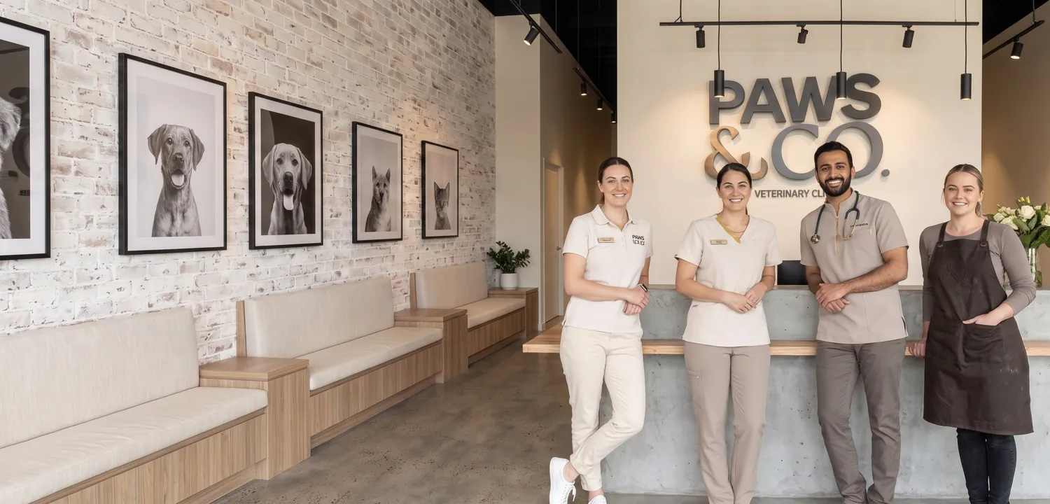 Four members of the Paws & Co team in taupe and cream uniforms at the reception desk
