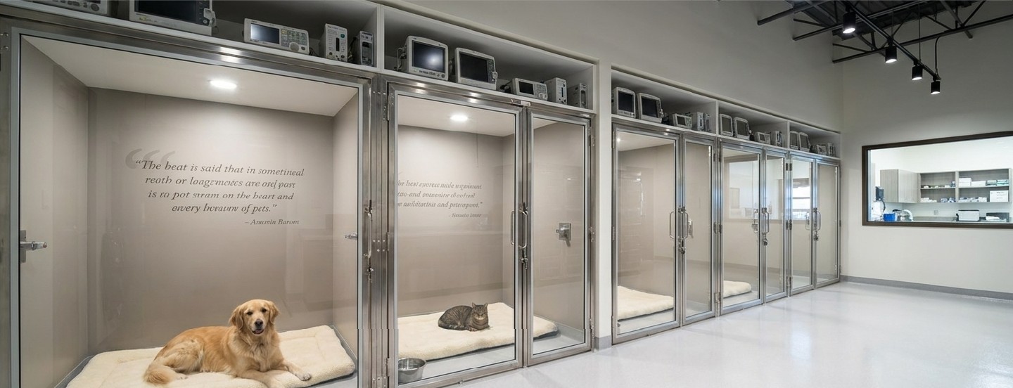 Glass-fronted animal holding suites with soft bedding and overhead monitoring