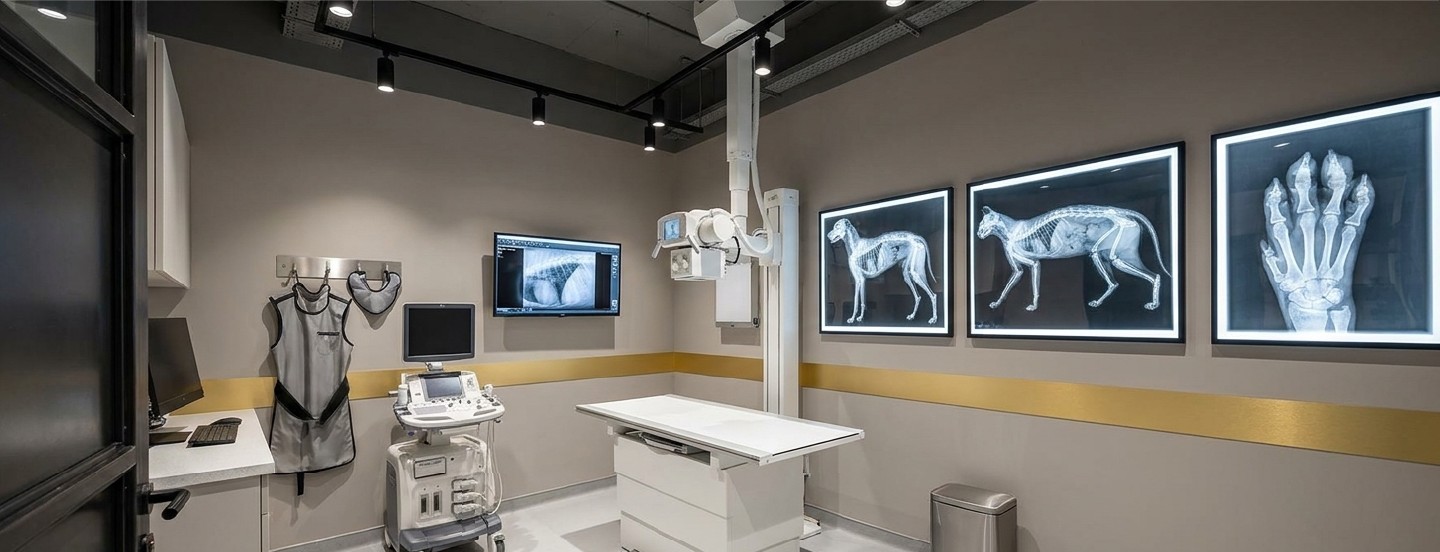 Digital X-ray suite with radiographic display wall and ultrasound station