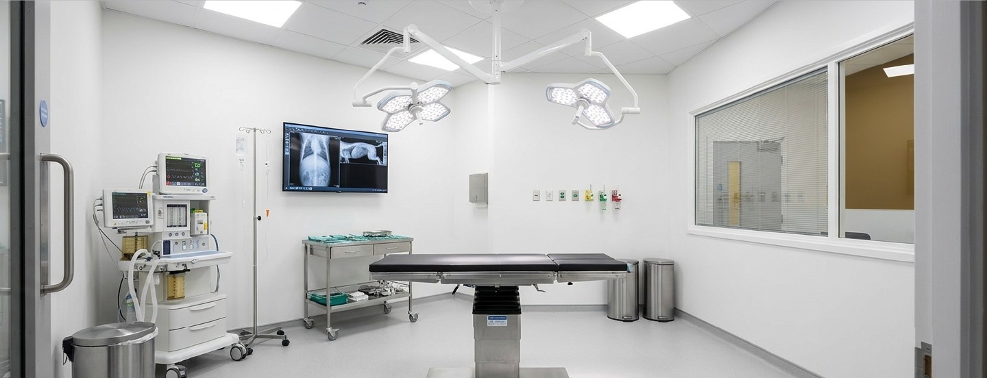 Surgical theatre with hospital-grade dual lighting arrays and observation window