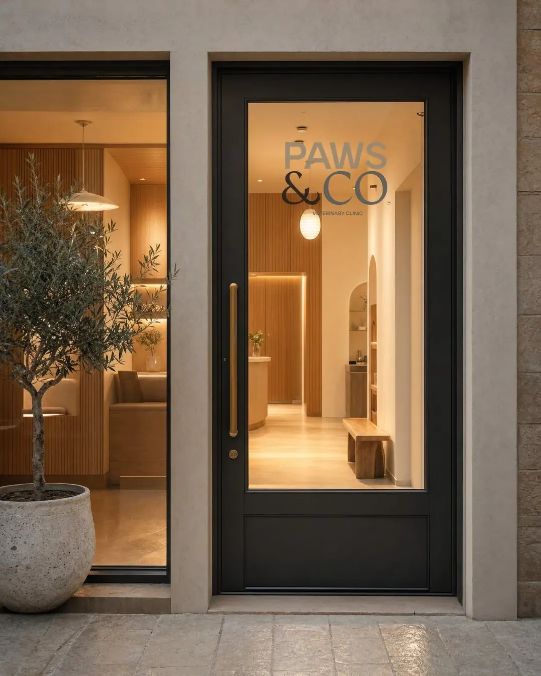 A black-framed glass clinic door at dusk with the Paws & Co logo on the glass and a warm timber interior behind