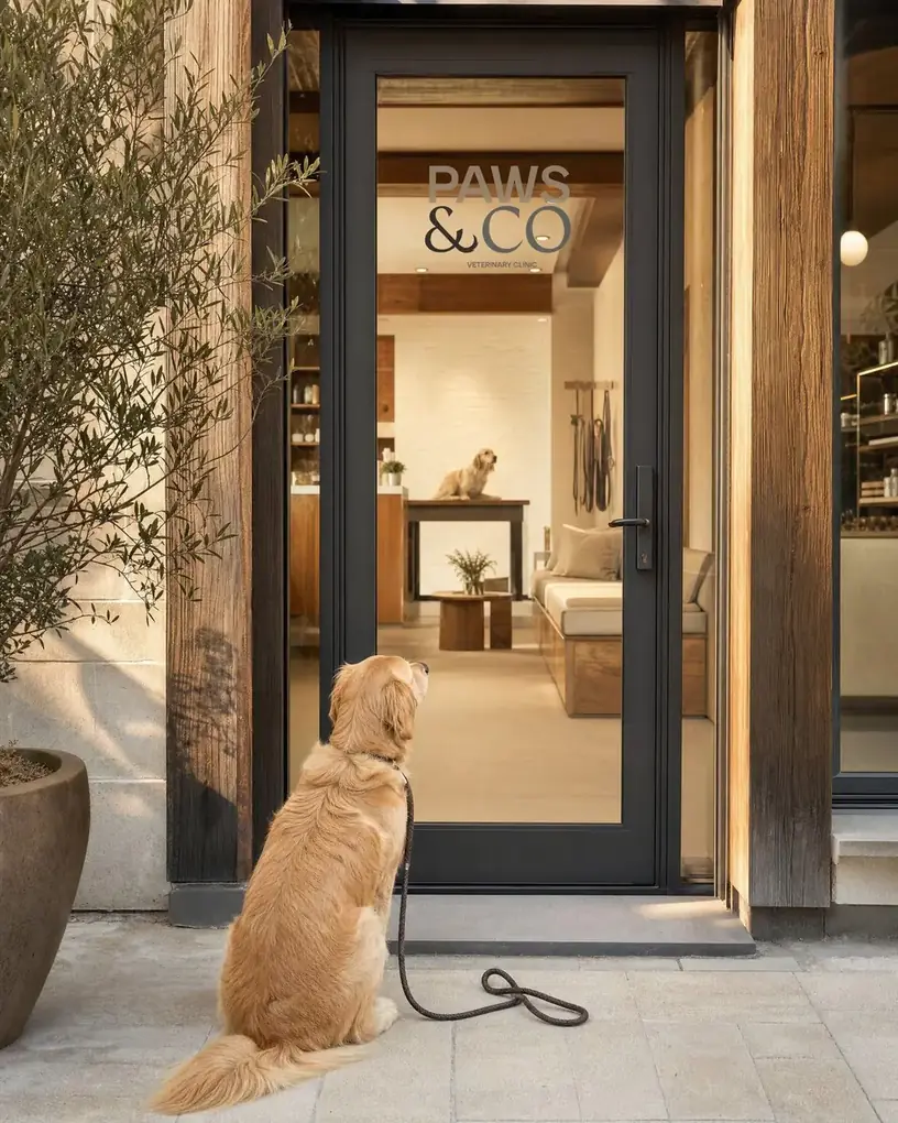 A golden retriever sitting outside a glass clinic door with the Paws & Co logo on the glass