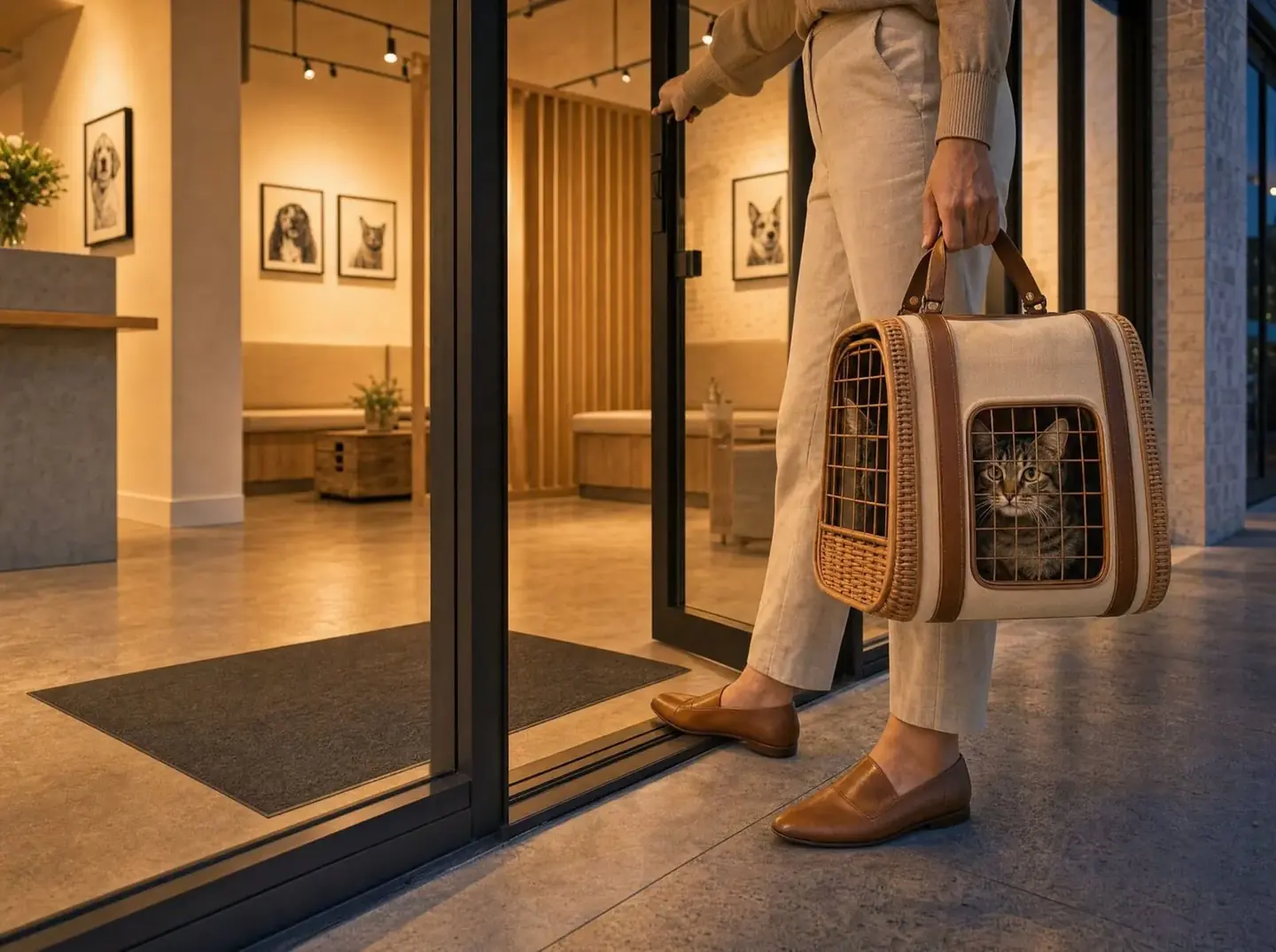 A pet parent stepping through a glass clinic door carrying a tabby cat in a rattan and canvas carrier