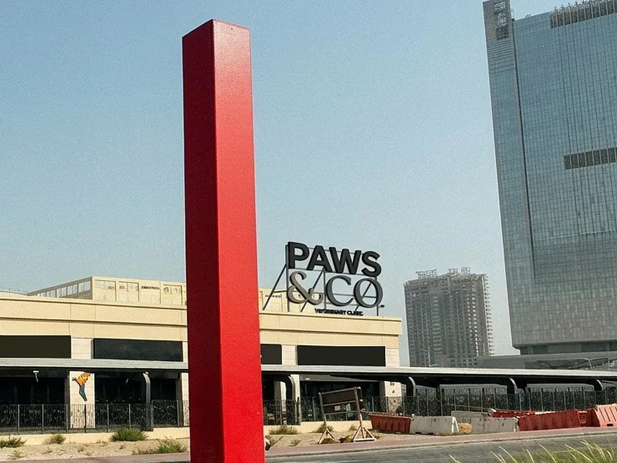 The retail strip on Joud Boulevard, Motor City, with a Paws & Co sign mocked up on the building