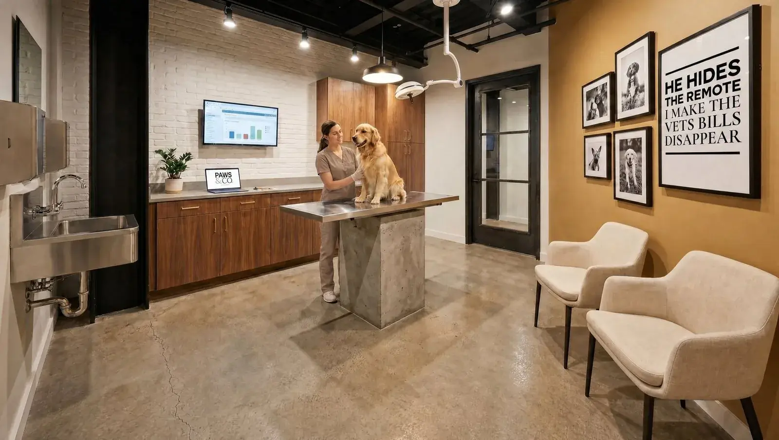 A consultation room designed for calm conversation, a vet in taupe scrubs with a golden retriever