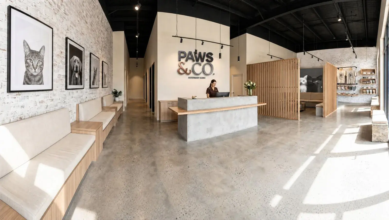 Reception, live-edge wood and whitewashed brick