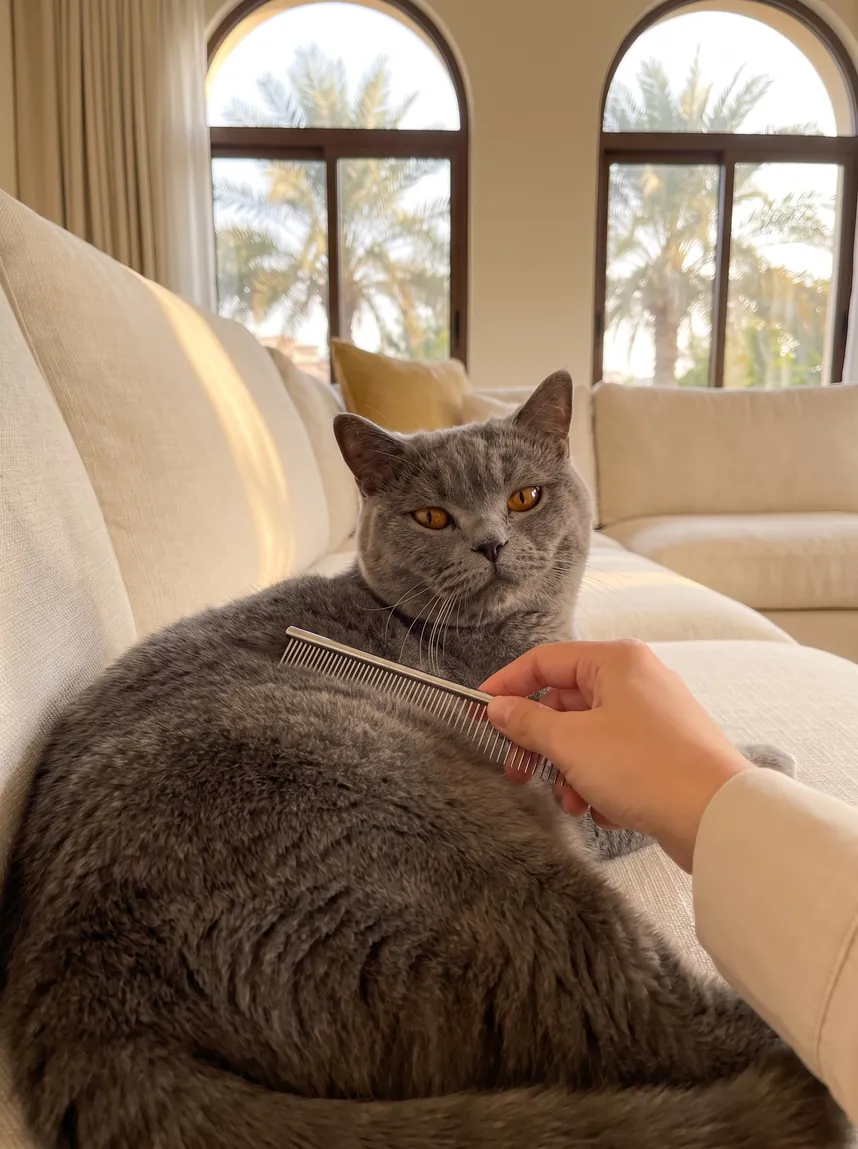 A blue British Shorthair being combed on a sofa