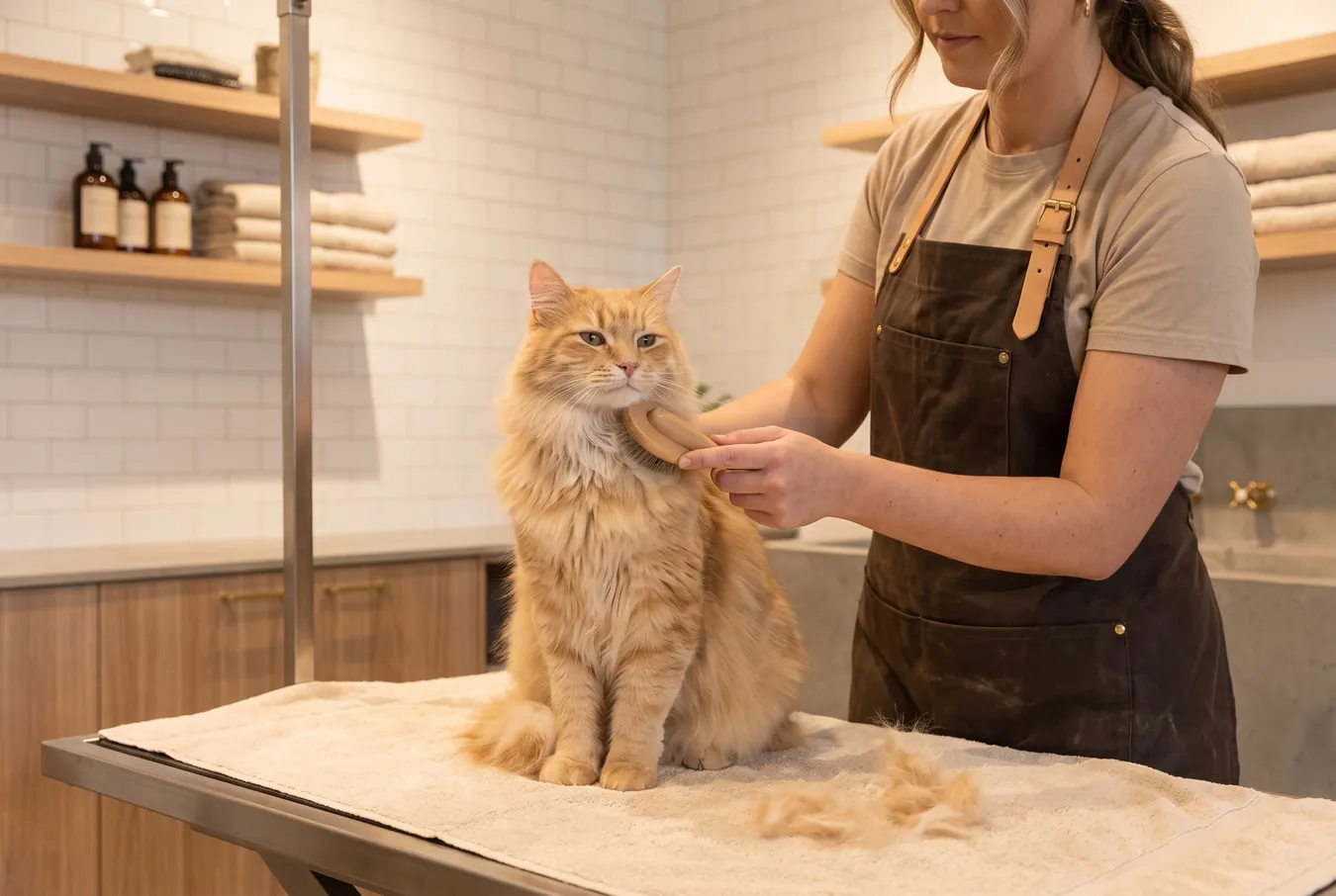 A calm ginger cat sitting on a towel on the grooming table while a Paws & Co groomer gently brushes its ruff