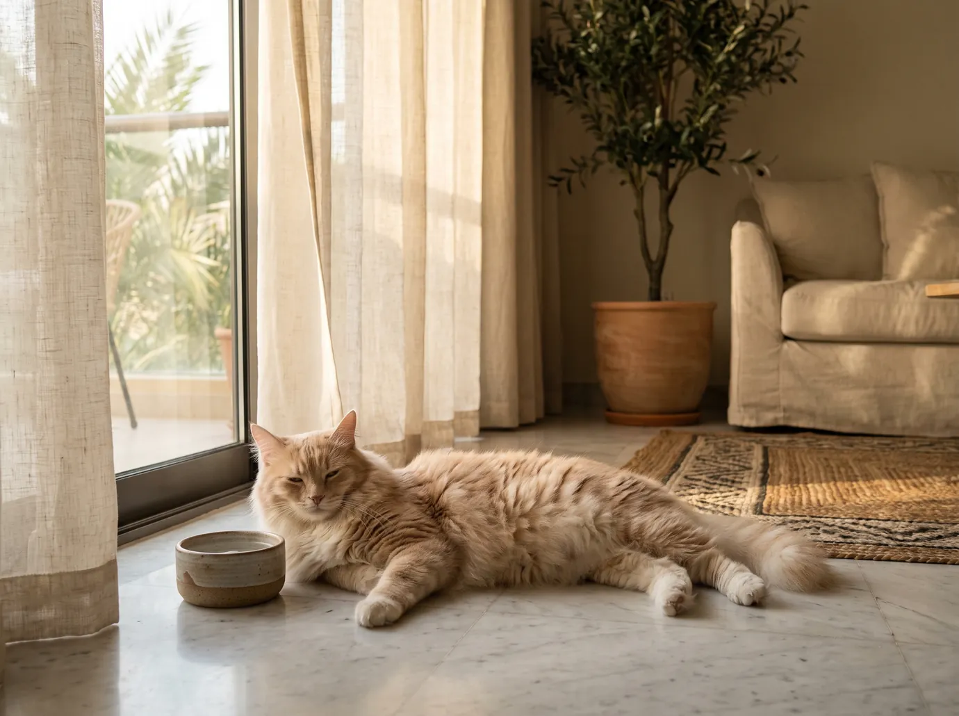 A long-haired cat stretched out on a cool marble floor beside a water bowl in a bright Dubai apartment