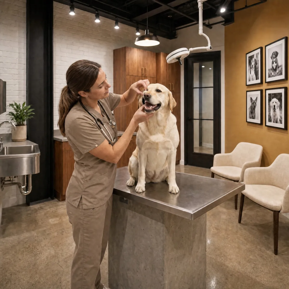 A vet checking a Golden Retriever's teeth during a dental evaluation