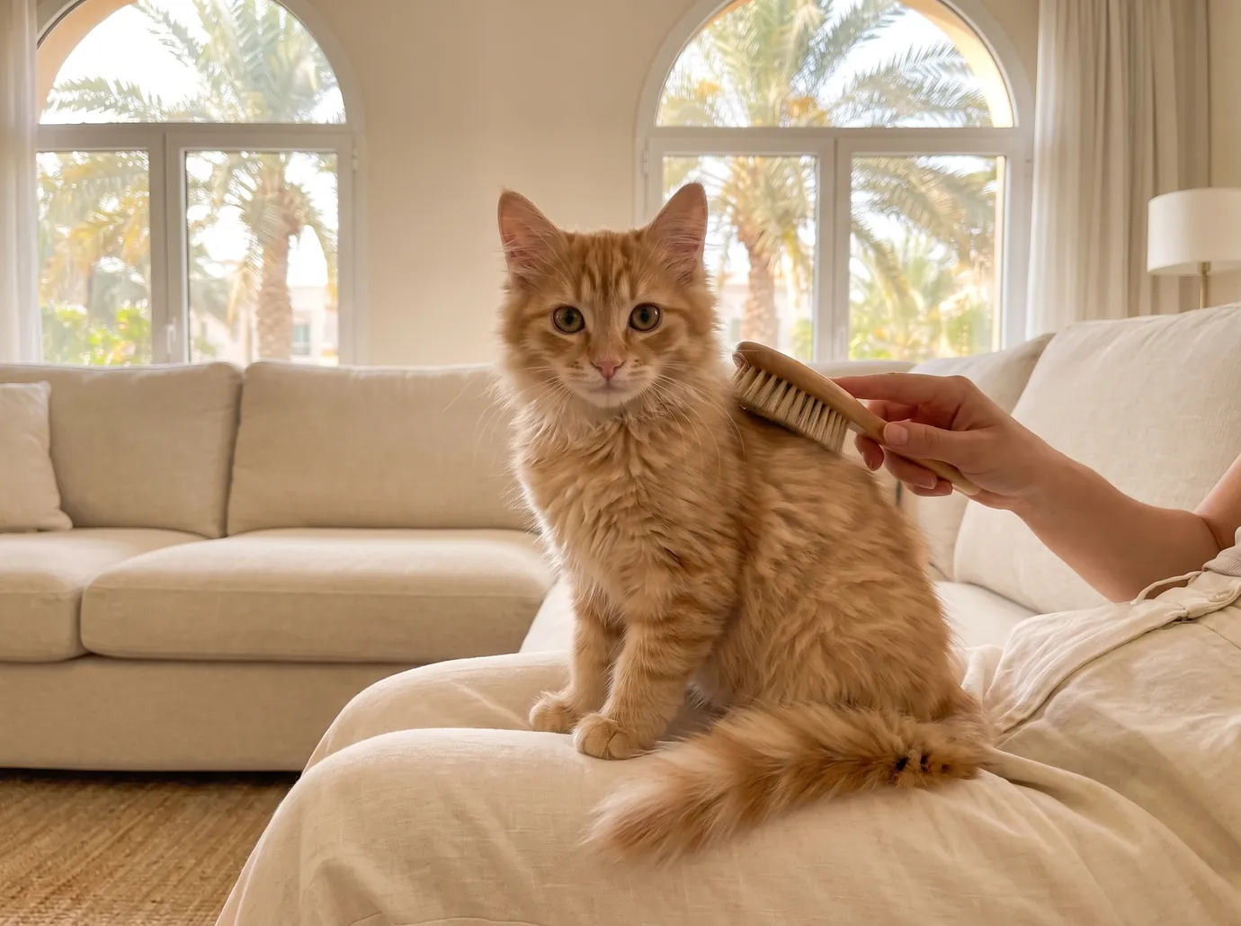 A ginger kitten being brushed on a lap in a sunlit living room