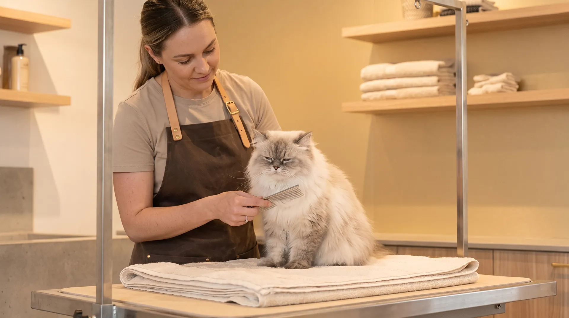 A calm long-haired Persian cat on the grooming table while a Paws & Co groomer gently combs its ruff