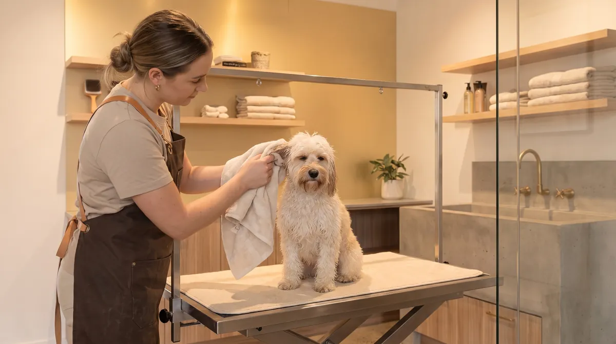 A groomer towel-drying a Cavapoo on the grooming table
