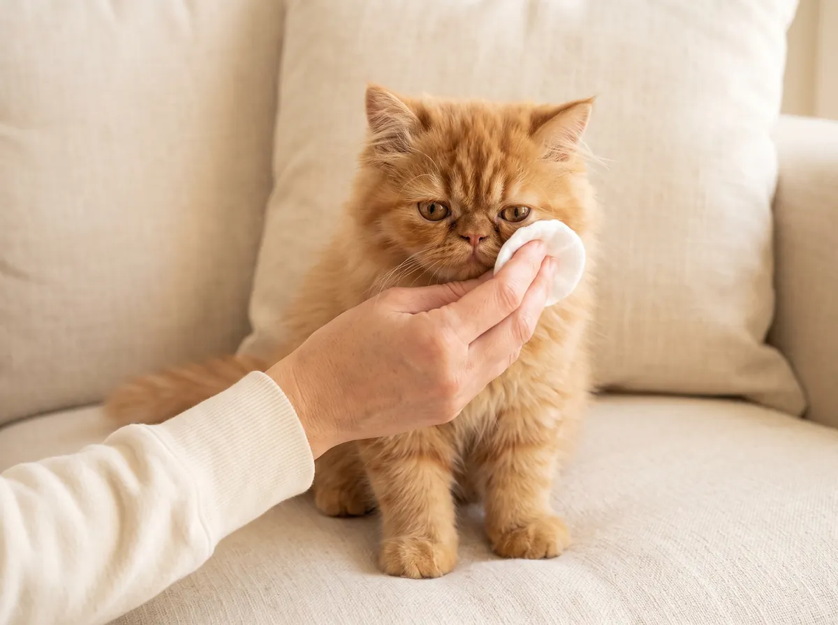 A red Persian kitten having its eyes gently wiped with a cotton pad