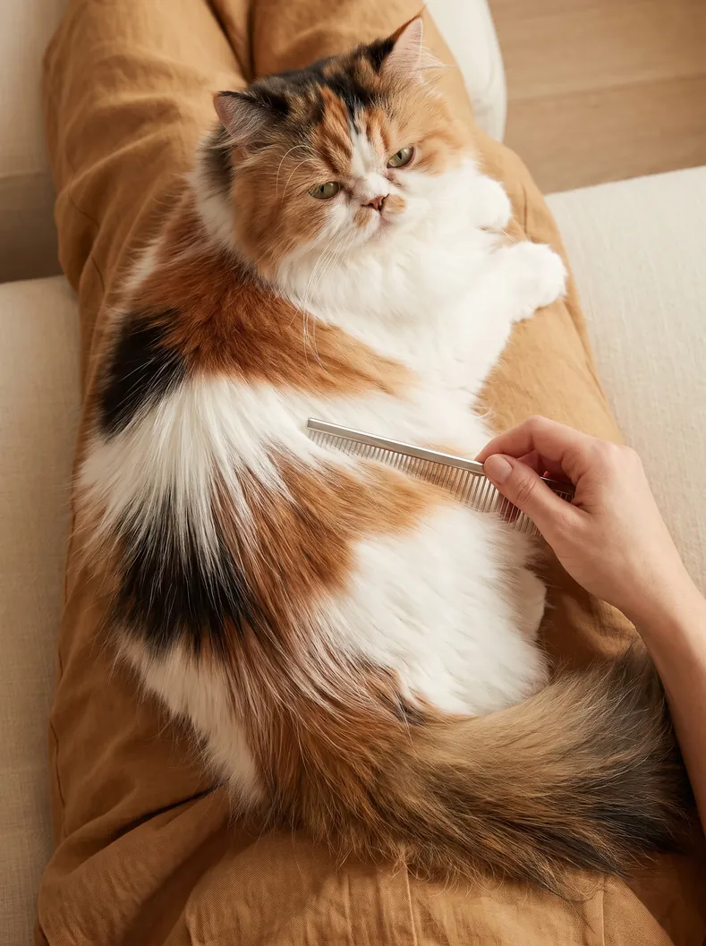 A calico Persian being combed with a metal comb on a lap