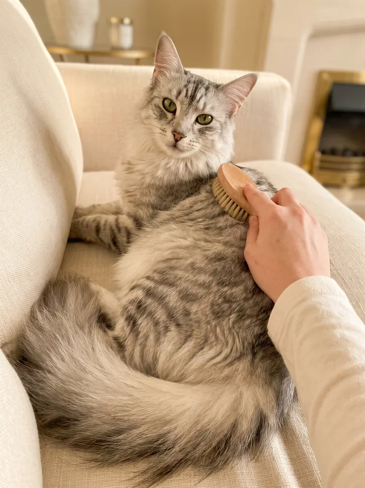 A silver tabby long-haired cat being brushed on a sofa