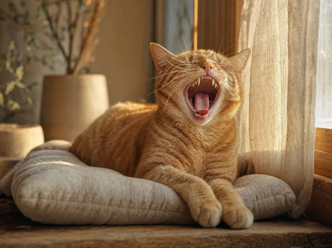 A ginger cat mid-yawn on a cushion by a sunny window, teeth and gums in view