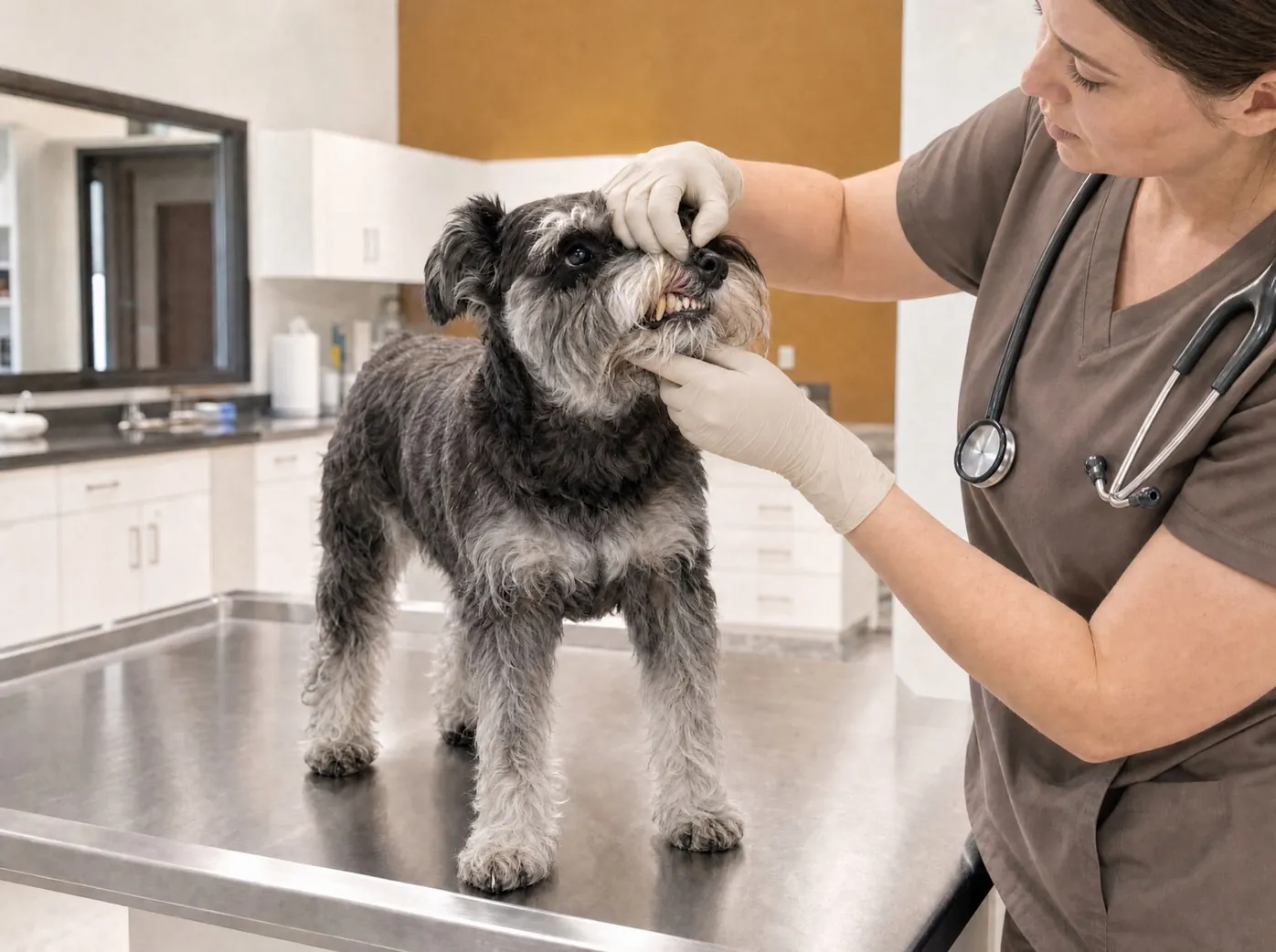 A vet in taupe scrubs gently lifting a Schnauzer's lip to look at the gums
