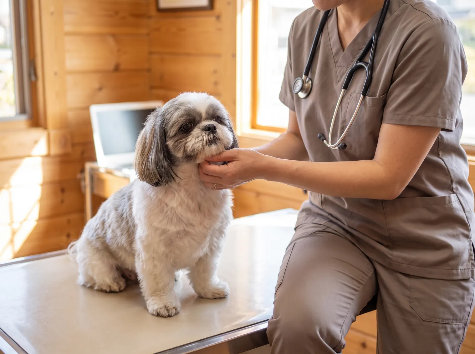 A vet in taupe scrubs with a Shih Tzu on the consultation table