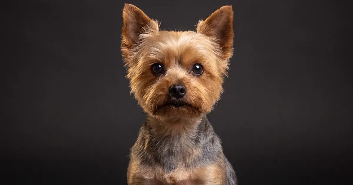 A Teacup Yorkie, studio portrait