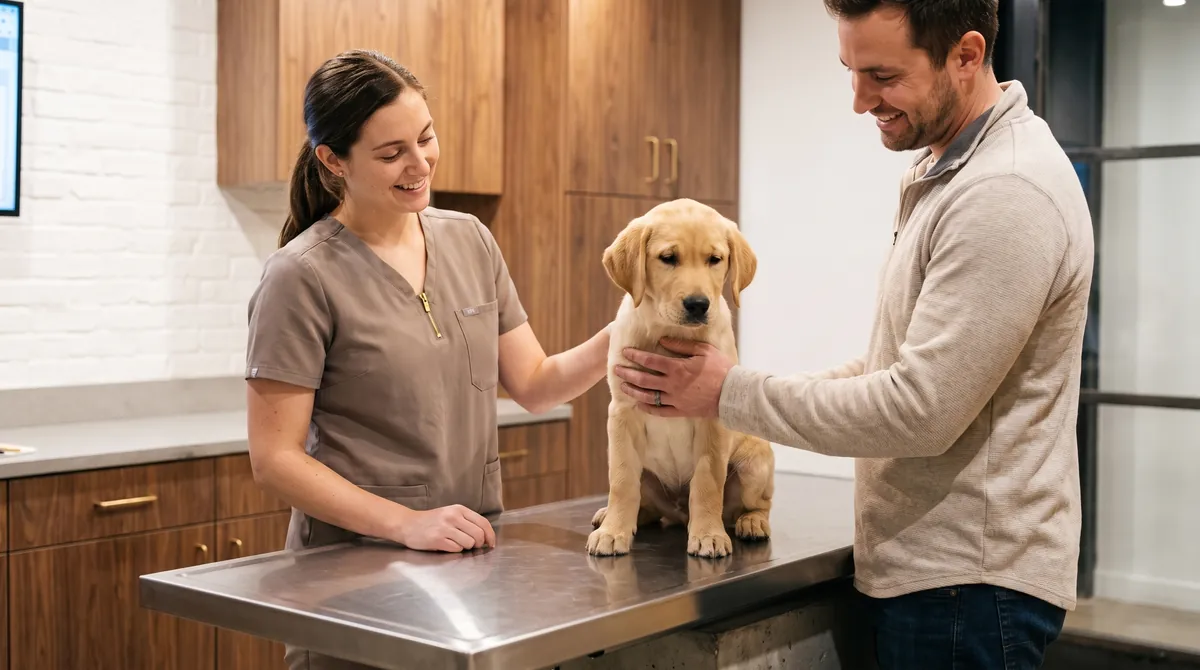 A Golden Retriever puppy on the consultation table with a vet and his owner