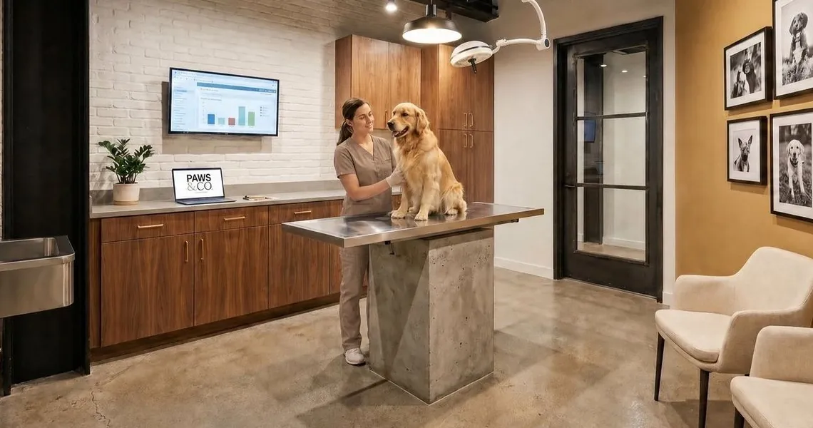 A Paws & Co consultation room with a screen on the wall and a dog on the table