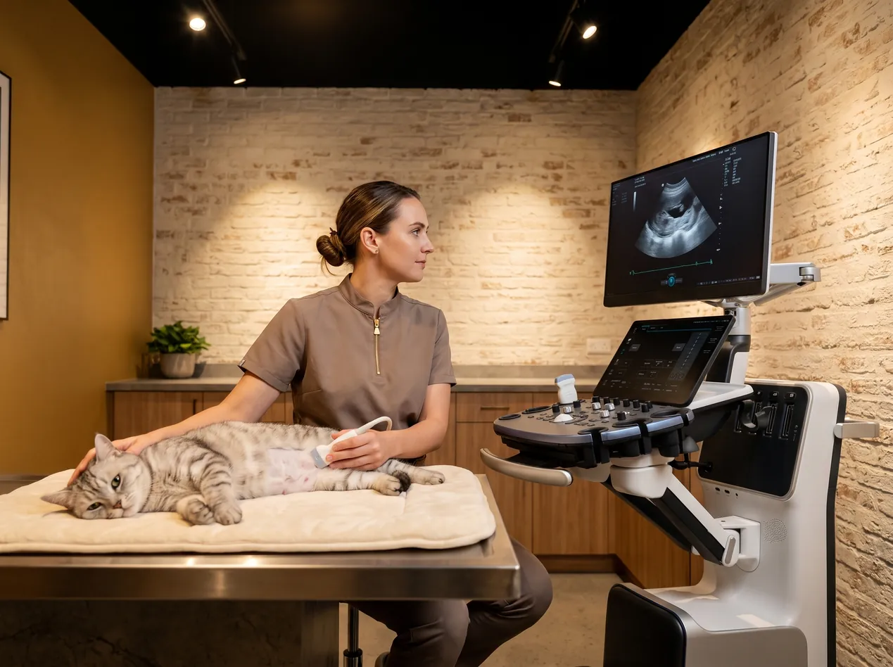 A silver tabby cat lying calmly on a padded mat while a vet scans her belly, the ultrasound image on the screen beside them