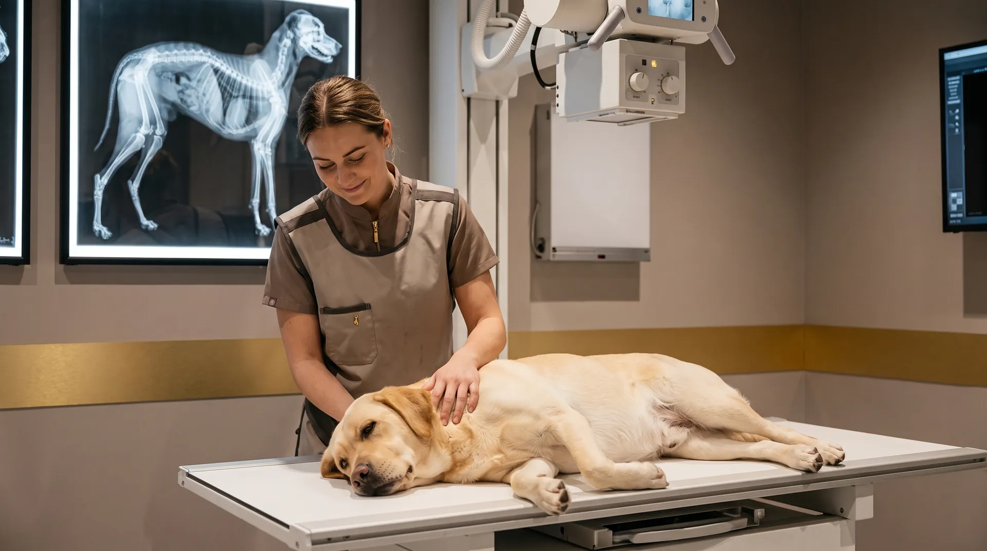A Labrador lying calmly on the X-ray table at Paws & Co while a vet nurse rests a hand on her shoulder