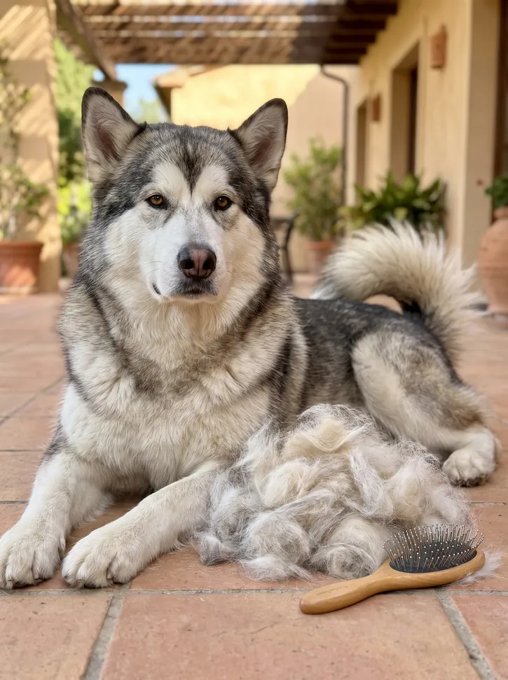 An Alaskan Malamute lying on a terrace beside a pile of brushed-out undercoat