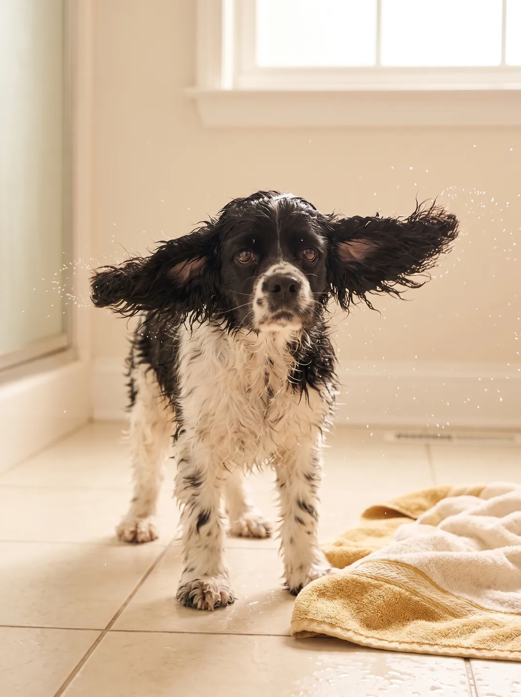 A wet Cocker Spaniel shaking off water after a bath on a tiled floor