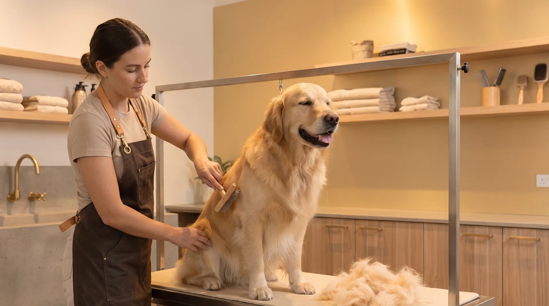 A relaxed Golden Retriever on the grooming table while a Paws & Co groomer brushes out a pile of undercoat