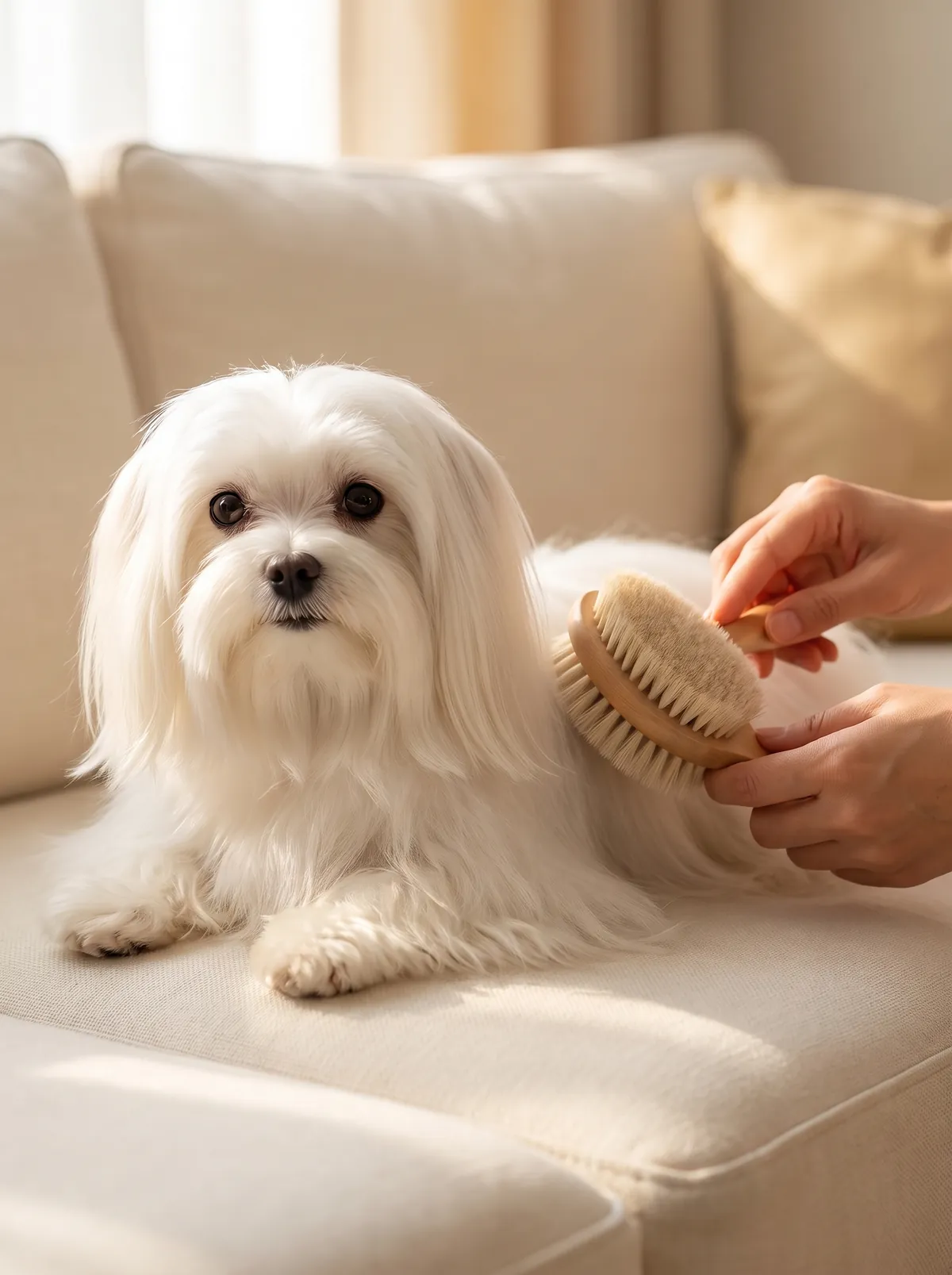 A Maltese being brushed on a cream sofa
