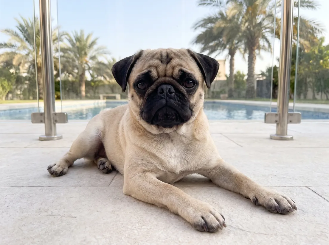 A Pug lying on a sunny terrace by the pool