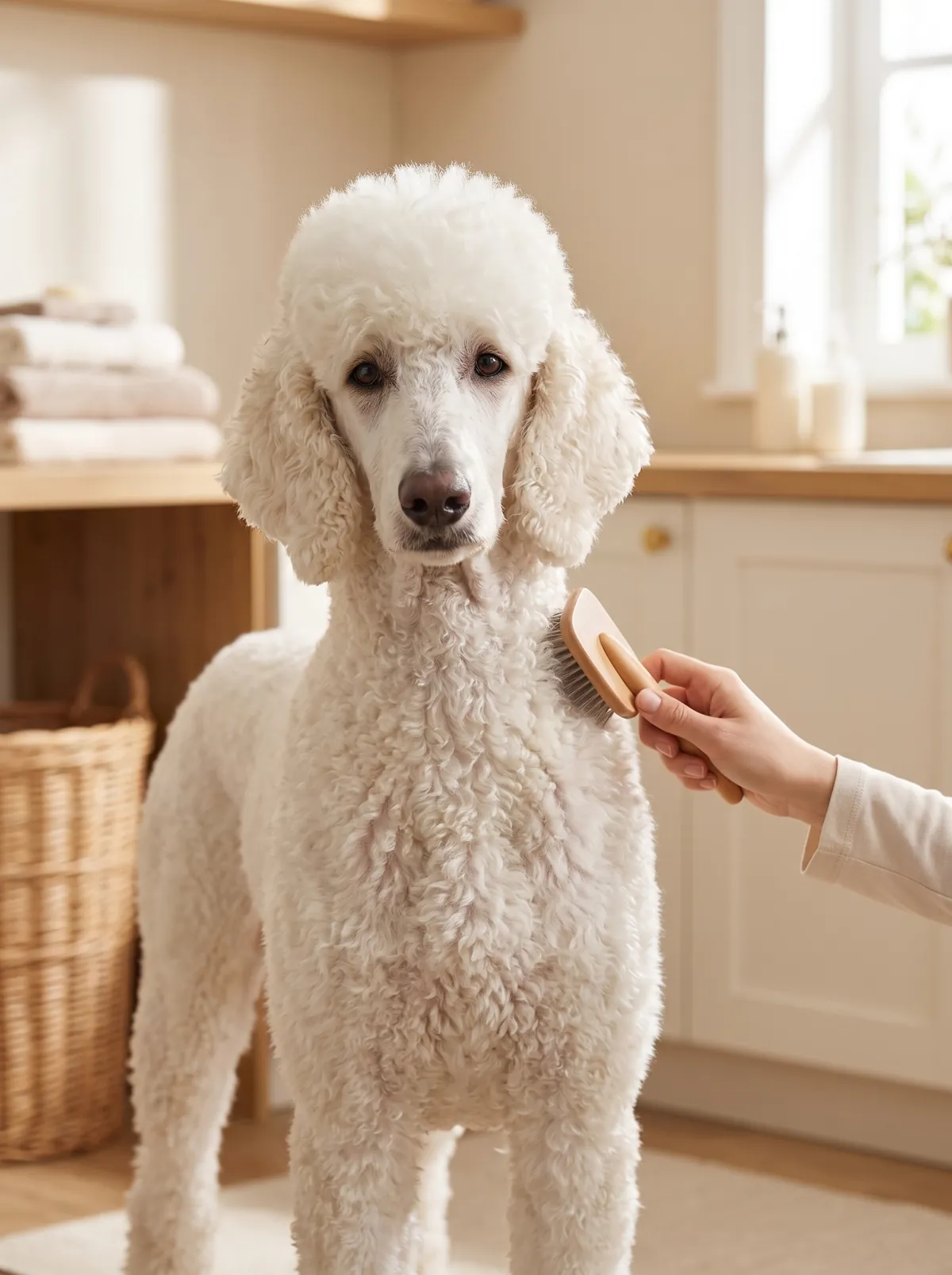 A white Standard Poodle being brushed at home