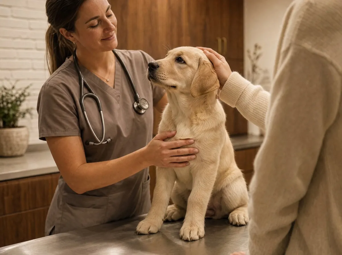 A vet examining a Golden Retriever puppy at a routine visit